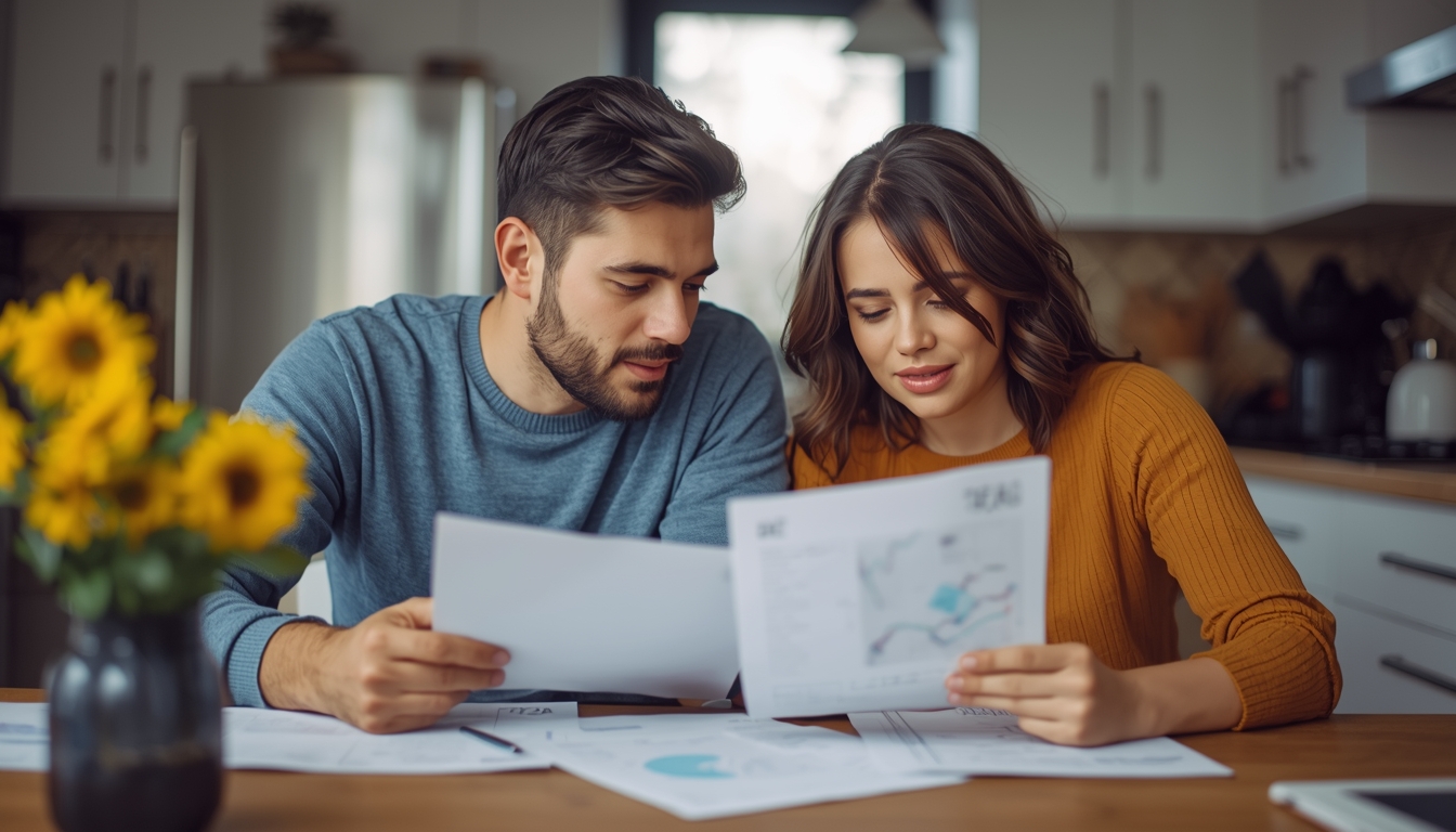 A couple sitting together at a table reviewing their household finances