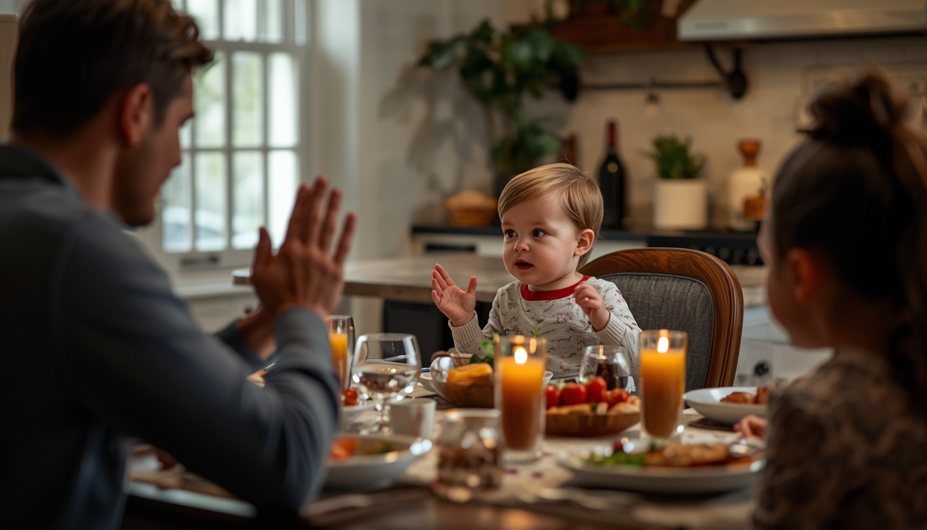 A family gathered around a dinner table, heads bowed in grace